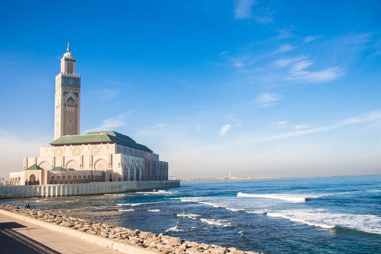 casablanca, mosque, sea, morocco, travel, architecture, islam, building, blue sky, religion, landmark, muslim, hassan, arabic, africa, islamic, famous, moroccan, culture, minaret, tower, exterior, design, worship, blue, sky, religious, city, blue city, blue travel, blue building, nature, blue design, blue mosque, blue culture